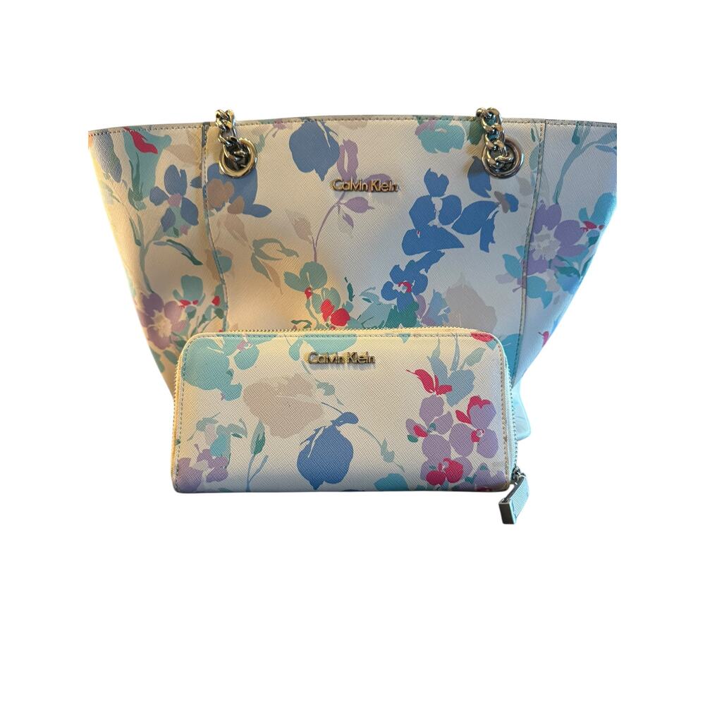Calvin Klein Floral Tote Bag Chain Straps Beige Multi-Color Shoulder Purse